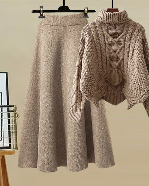 「タイムセール中！」2点セット ハイネック ニット + ロングスカート レディース セットアップ 上品 きれいめ 大人カジュアル 体型カバー ゆったり 防寒 あったか 秋冬コーデ 通勤 お出かけ デート 清楚 おしゃれ トレンド ニットアップ ID2220