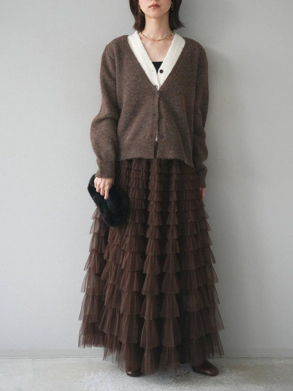 2点セット Vネック ニットカーディガン ＋ ティアードチュールスカート レディース セットアップ 上品 フェミニン きれいめ 体型カバー 秋冬 新作 ID2017