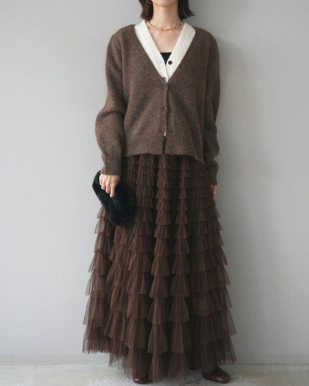 2点セット Vネック ニットカーディガン ＋ ティアードチュールスカート レディース セットアップ 上品 フェミニン きれいめ 体型カバー 秋冬 新作 ID2017