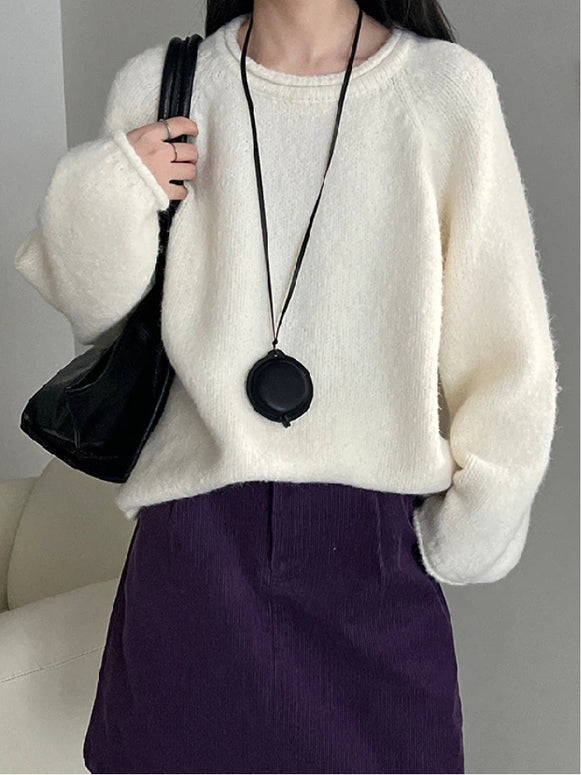 ラウンドネック ふわもこ ニット セーター レディース ゆったり シンプル 体型カバー やわらか 暖かい ニットトップス カジュアル 通勤 秋冬コーデ 大人女子 デイリー服 ID2306