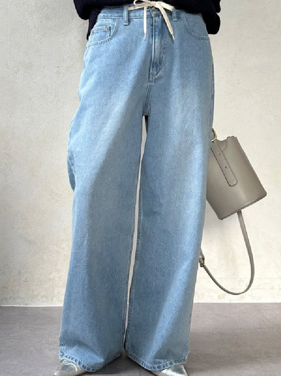 体型カバー ストレート ワイドパンツ ストレッチ デニムパンツ 大きめ おしゃれ ボトム 低身長 カジュアル 春 夏 秋 ID1163