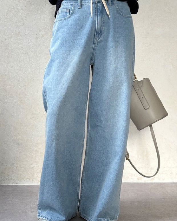 体型カバー ストレート ワイドパンツ ストレッチ デニムパンツ 大きめ おしゃれ ボトム 低身長 カジュアル 春 夏 秋 ID1163