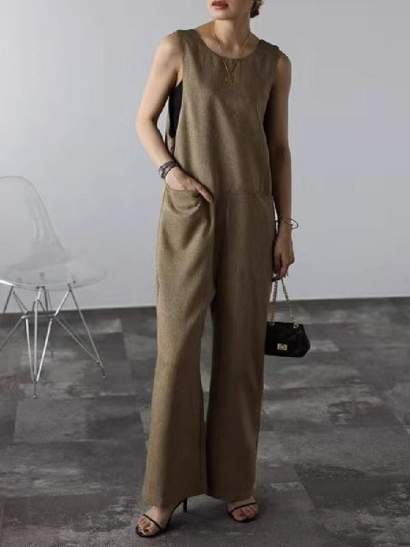 韓国風 後ろⅤネック オールインワン ワイドパンツ 黒 ゆったり クール素材 インスタ映え カジュアル 通勤 お出かけ兼用 ID1168