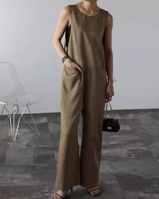 韓国風 後ろⅤネック オールインワン ワイドパンツ 黒 ゆったり クール素材 インスタ映え カジュアル 通勤 お出かけ兼用 ID1168