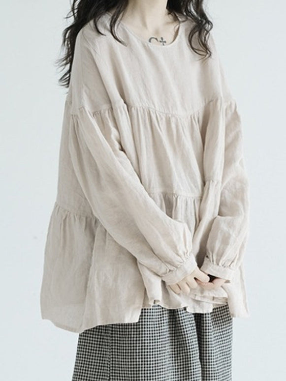 綿麻 長袖 シャツ レディース ゆったり ラウンドネック 無地 シンプル トップス 体型カバー シンプルデザイン おしゃれ カジュアル 通勤 春秋 きれいめ 休闲 コーディネート 人気 大人女子 ID1362