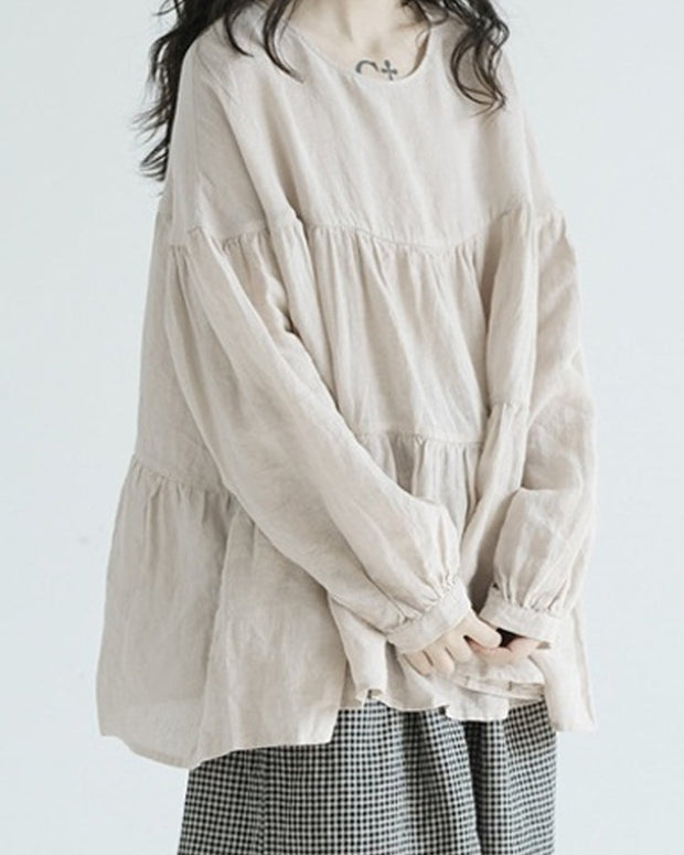 綿麻 長袖 シャツ レディース ゆったり ラウンドネック 無地 シンプル トップス 体型カバー シンプルデザイン おしゃれ カジュアル 通勤 春秋 きれいめ 休闲 コーディネート 人気 大人女子 ID1362