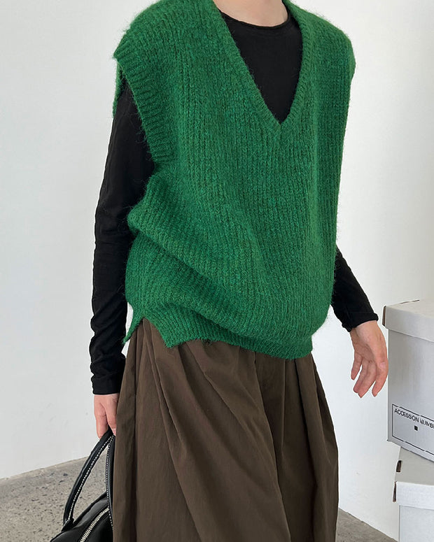 ふんわり ニットベスト レディース Vネック ゆったり レイヤード 体型カバー 秋冬 トップス 大人カジュアル ID2302