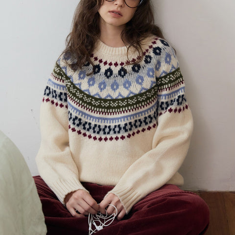 ノルディック柄 クルーネック ニット レディース ゆったり 厚手 セーター 秋冬 新作 かわいい カジュアル トップス ID2087