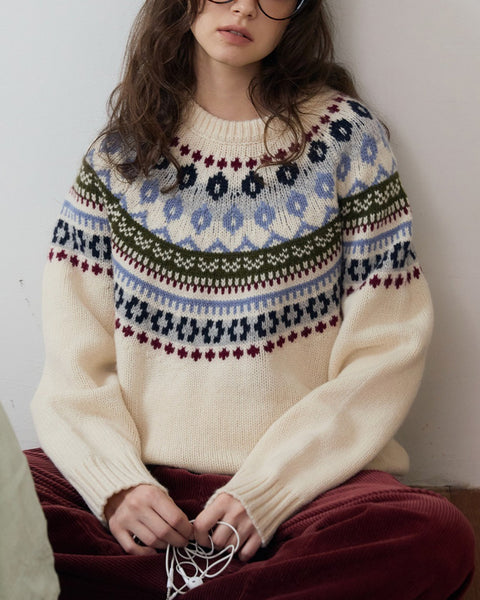 ノルディック柄 クルーネック ニット レディース ゆったり 厚手 セーター 秋冬 新作 かわいい カジュアル トップス ID2087