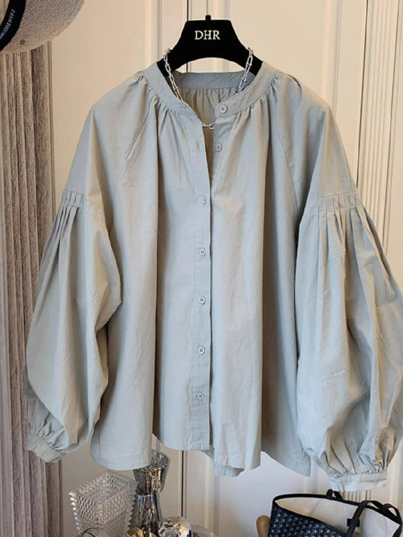 パフスリーブ シャツ チュニック レディース ブラウス 袖ギャザー 白シャツ 長袖 ギャザー トップス シャツブラウス スタンドカラー ボリュームスリーブ ID1400