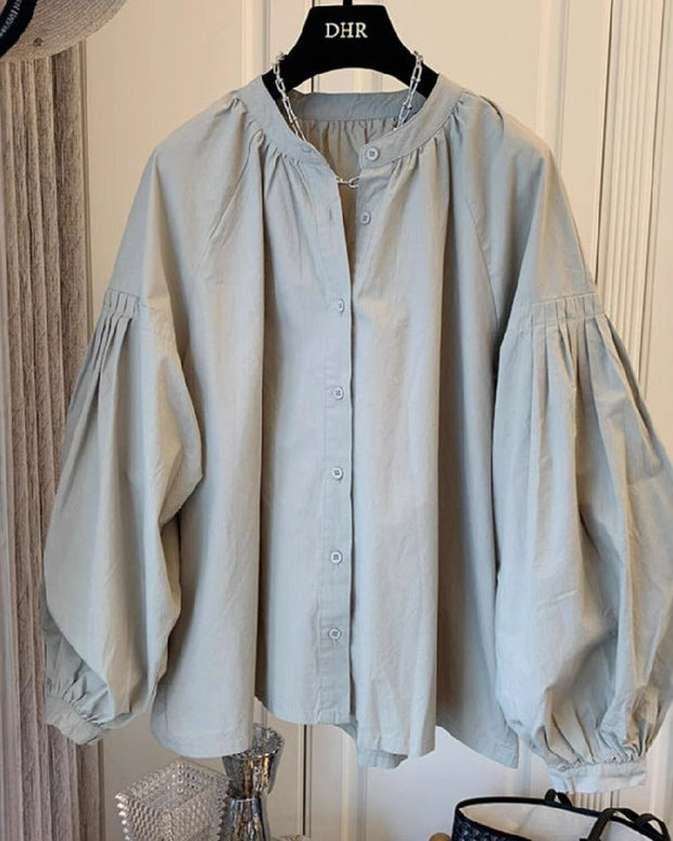 パフスリーブ シャツ チュニック レディース ブラウス 袖ギャザー 白シャツ 長袖 ギャザー トップス シャツブラウス スタンドカラー ボリュームスリーブ ID1400