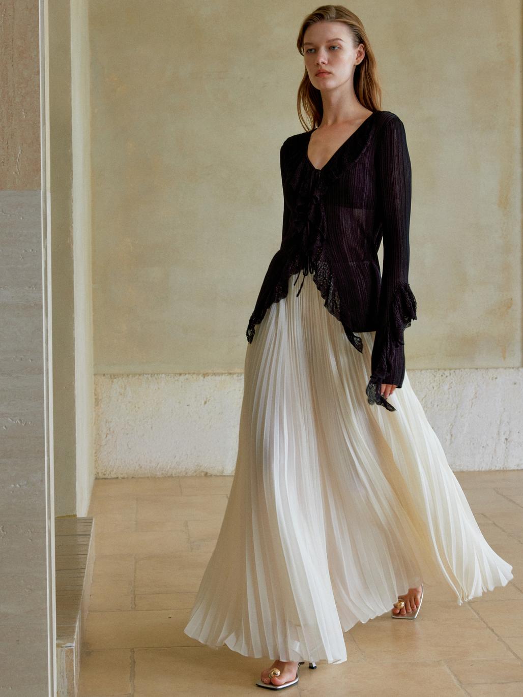 【561】シフォンプリーツロングスカート 夏新作 軽やかロング丈 上品きれいめ オフィス/お出かけ/デート 半身スカート 大人エレガント ホワイト