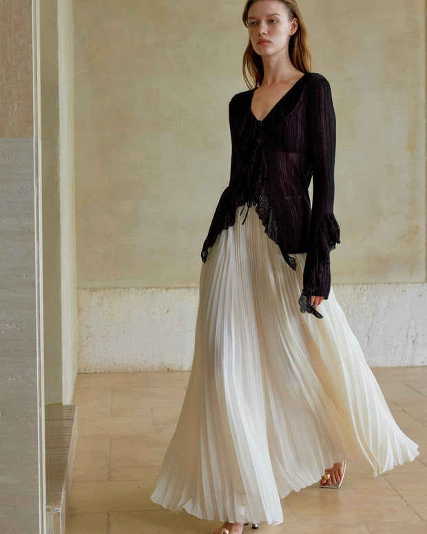 【561】シフォンプリーツロングスカート 夏新作 軽やかロング丈 上品きれいめ オフィス/お出かけ/デート 半身スカート 大人エレガント ホワイト