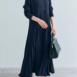 プリーツ ワンピース レディース 長袖 ロング丈 Aライン 体型カバー 上品 エレガント 通勤 フォーマル きれいめ 秋冬 新作 ID2126