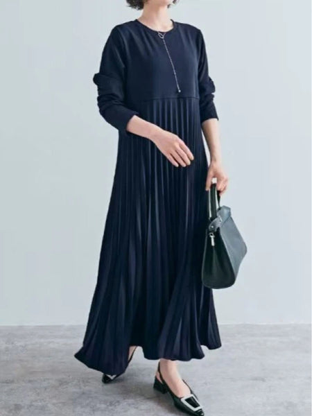 プリーツ ワンピース レディース 長袖 ロング丈 Aライン 体型カバー 上品 エレガント 通勤 フォーマル きれいめ 秋冬 新作 ID2126