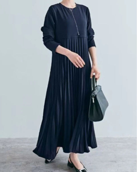 プリーツ ワンピース レディース 長袖 ロング丈 Aライン 体型カバー 上品 エレガント 通勤 フォーマル きれいめ 秋冬 新作 ID2126