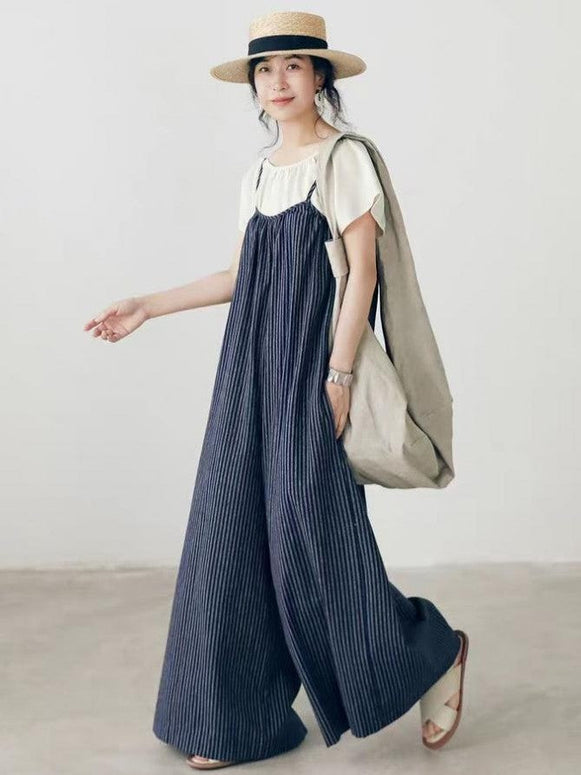 【467】ストライプ サロペット レディース ワイドパンツ オールインワン 夏 ゆったり 体型カバー カジュアル 楽ちん 大人可愛い 2025新作