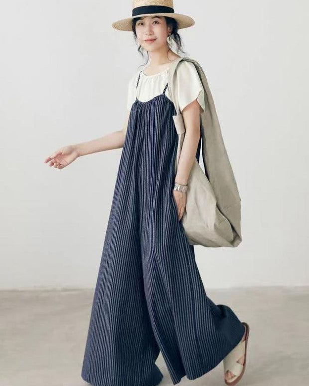 【467】ストライプ サロペット レディース ワイドパンツ オールインワン 夏 ゆったり 体型カバー カジュアル 楽ちん 大人可愛い 2025新作