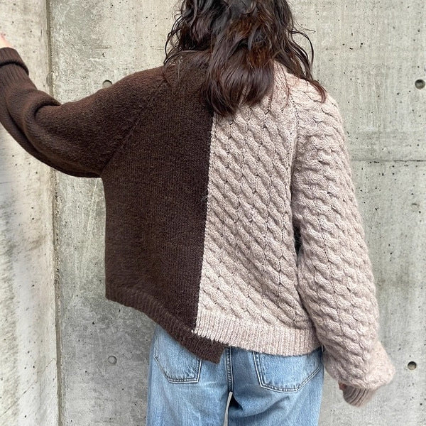 異素材 ミックス デザイン 配色 ニット レディース 個性 カジュアル ゆったり ラウンドネック 長袖 トップス 秋冬 新作 ID2243