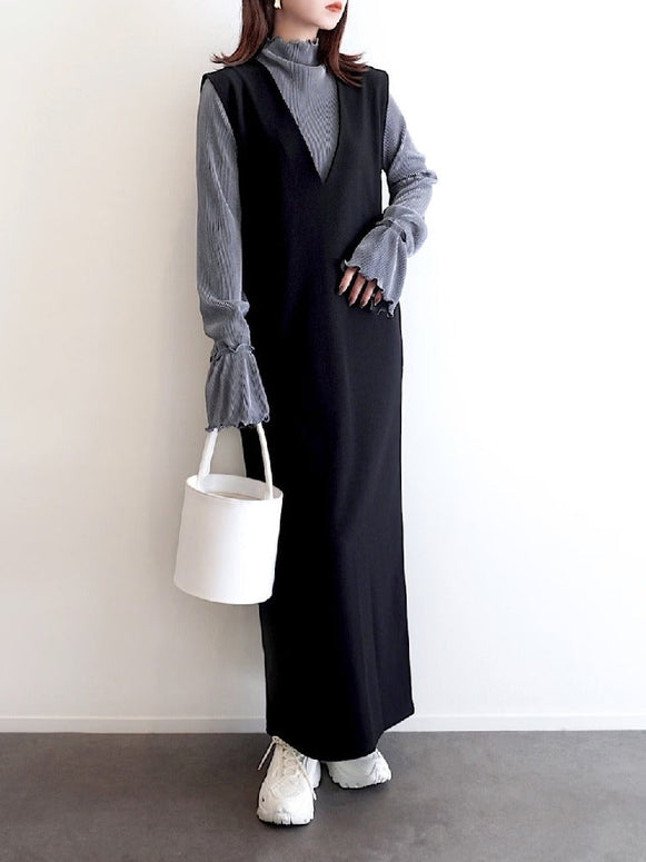 Vネック ロング ノースリーブ マキシワンピース  ID1760