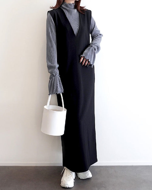 Vネック ロング ノースリーブ マキシワンピース  ID1760