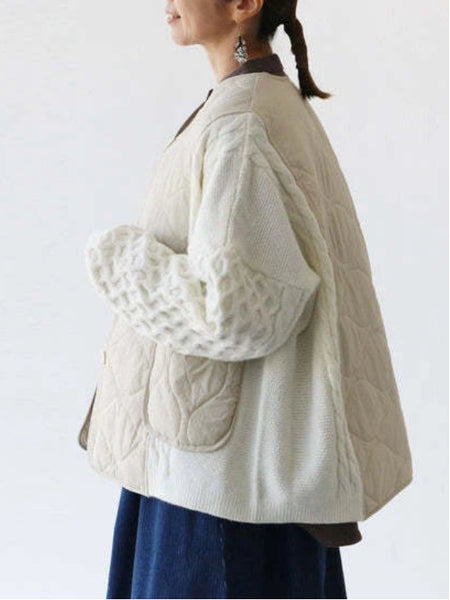 「今だけ特価」異素材ミックス キルティング×ニット アウター レディース ゆったり シンプル 体型カバー カジュアル 秋冬 新作 ID2249