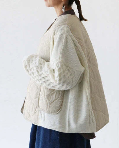 「今だけ特価」異素材ミックス キルティング×ニット アウター レディース ゆったり シンプル 体型カバー カジュアル 秋冬 新作 ID2249