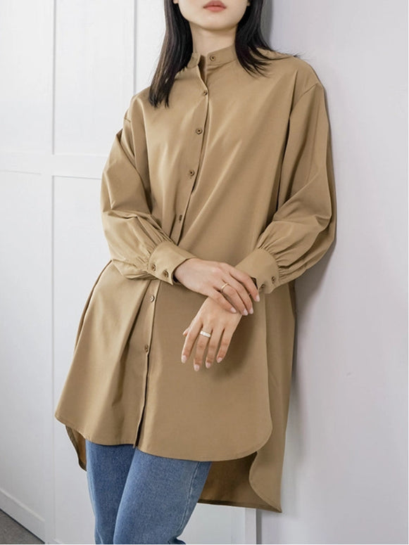 6色展開 スタンドカラー シャツ レディース 長袖 無地 ゆったり ロングシャツ 体型カバー シンプル カジュアル オフィス 通勤 羽織り 着回し 上品 トップス ID1772