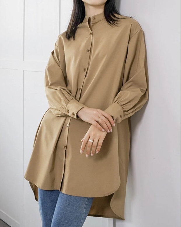 6色展開 スタンドカラー シャツ レディース 長袖 無地 ゆったり ロングシャツ 体型カバー シンプル カジュアル オフィス 通勤 羽織り 着回し 上品 トップス ID1772