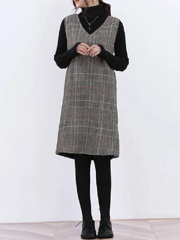 ワンピース レディース 秋冬 チェック柄 ノースリーブ ジャンパースカート ゆったり 体型カバー ウール風 大人カジュアル ミディアム ロング丈 ID1434