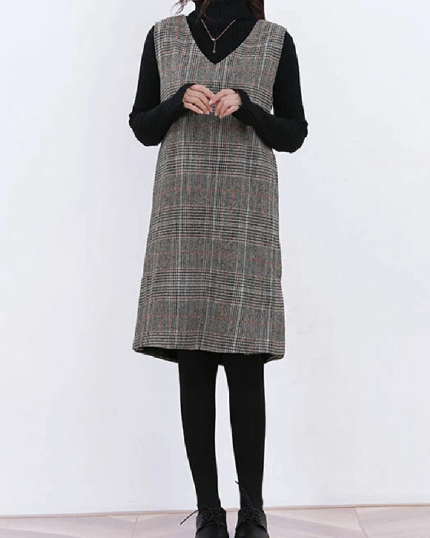 ワンピース レディース 秋冬 チェック柄 ノースリーブ ジャンパースカート ゆったり 体型カバー ウール風 大人カジュアル ミディアム ロング丈 ID1434