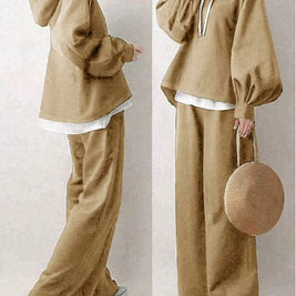 「半額セール対象」2点SET 3色展開 秋コーデ ランタンスリーブ 長袖 フード付き パーカー+無地 シンプル スウェット パンツセット 秋コーデ 秋服 ID1796