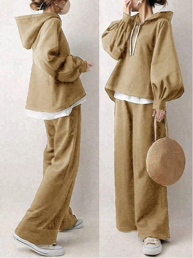 【2点SET】3色展開 秋コーデ ランタンスリーブ 長袖 フード付き パーカー+無地 シンプル スウェット パンツセット 秋コーデ 秋服 ID1796