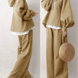 【2点SET】3色展開 秋コーデ ランタンスリーブ 長袖 フード付き パーカー+無地 シンプル スウェット パンツセット 秋コーデ 秋服 ID1796