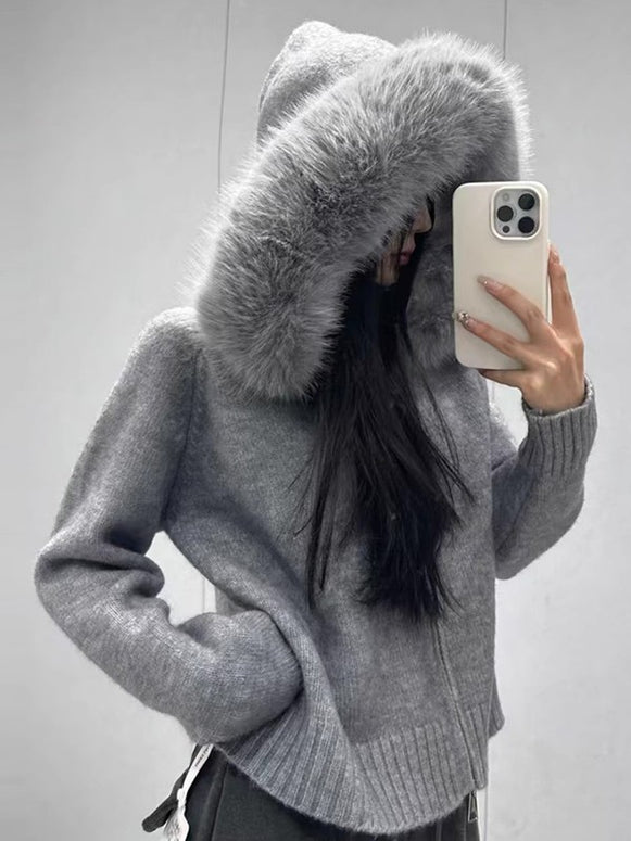 ニットカーディガン レディース フード付き ふわふわ フェイクファー 暖かい 秋冬 アウター 防寒 長袖 ジップアップ 体型カバー 大人カジュアル おしゃれ 通勤 通学 デイリーコーデ ID2225