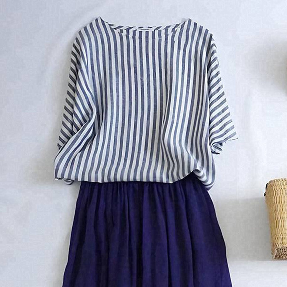 【新作入荷】ストライプ×無地の最強コンビ！五分袖トップス+Aラインスカートセット ギャザーで可愛く見える 今季の隠れたヒット作 ID405