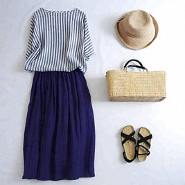 【新作入荷】ストライプ×無地の最強コンビ！五分袖トップス+Aラインスカートセット ギャザーで可愛く見える 今季の隠れたヒット作 ID405