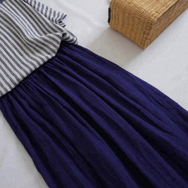 【新作入荷】ストライプ×無地の最強コンビ！五分袖トップス+Aラインスカートセット ギャザーで可愛く見える 今季の隠れたヒット作 ID405