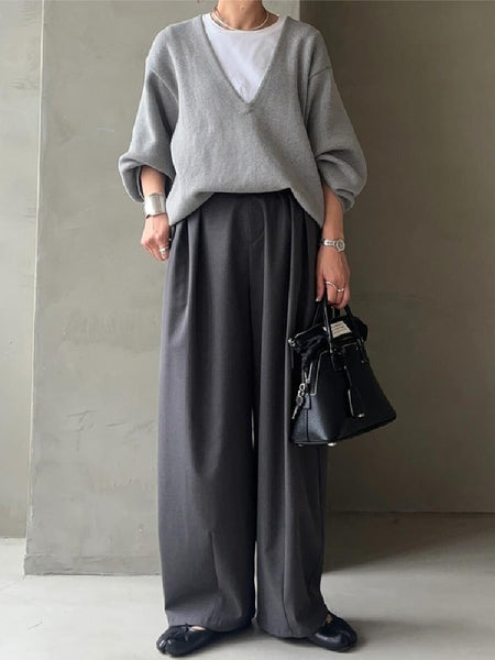 【2点SET】 着痩せ効果 ポケット付き 体型をカバー 長袖 シンプル カジュアル トップス+ ハイウエスト 脚長効果 ボトムス パンツセット HB1529