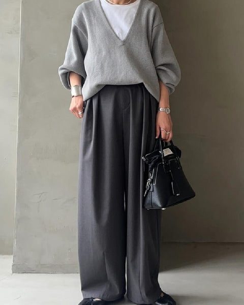 【2点SET】 着痩せ効果 ポケット付き 体型をカバー 長袖 シンプル カジュアル トップス+ ハイウエスト 脚長効果 ボトムス パンツセット HB1529