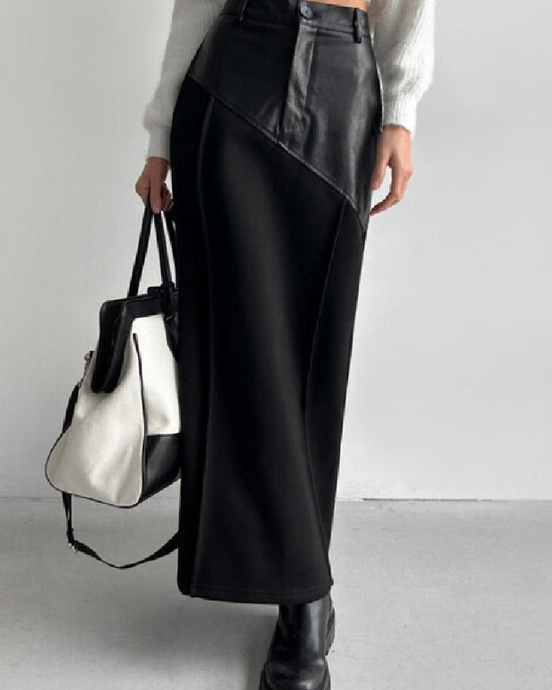 切り替え PUレザースカート デザイン レディース ハイウエスト スリム ミディアム丈 ストレート タイト 韓国 INS風 合わせやすい スカート ID1472