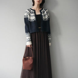 「今だけこの価格」2点セット フェアアイル柄 ニットカーディ チュールロングスカート レディース ふわっと上品 シンプル 大人可愛い 体型カバー 着回し 秋冬新作 ID2246