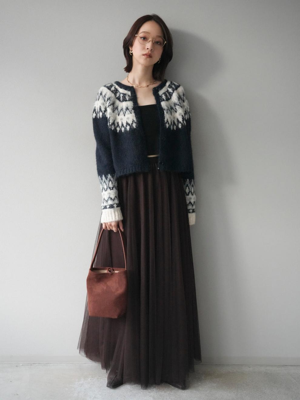 「今だけこの価格」2点セット フェアアイル柄 ニットカーディ チュールロングスカート レディース ふわっと上品 シンプル 大人可愛い 体型カバー 着回し 秋冬新作 ID2246