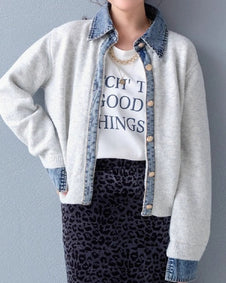 【3色展開】デニム切替 フェイク カーディガン レイヤード デニム襟  カーディガン 暖かい ファッション カジュアル 春 秋 冬 ID1793