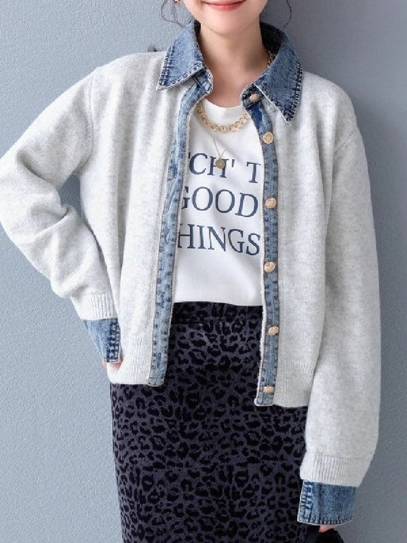 【3色展開】デニム切替 フェイク カーディガン レイヤード デニム襟  カーディガン 暖かい ファッション カジュアル 春 秋 冬 ID1793