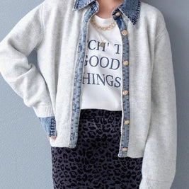 「大特価セール」3色展開 デニム切替 フェイク カーディガン レイヤード デニム襟  カーディガン 暖かい ファッション カジュアル 春 秋 冬 ID1793