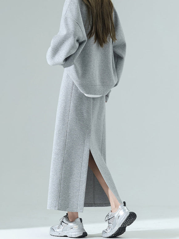 単品購入可！2点セット スウェット セットアップ レディース スカート付き トップス + ロングスカート 春秋 クルーネック 偽レイヤード風 カジュアル ゆったり 体型カバー ID1811