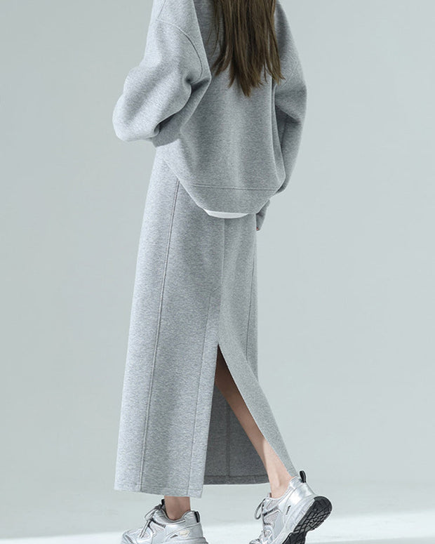 単品購入可！2点セット スウェット セットアップ レディース スカート付き トップス + ロングスカート 春秋 クルーネック 偽レイヤード風 カジュアル ゆったり 体型カバー ID1811