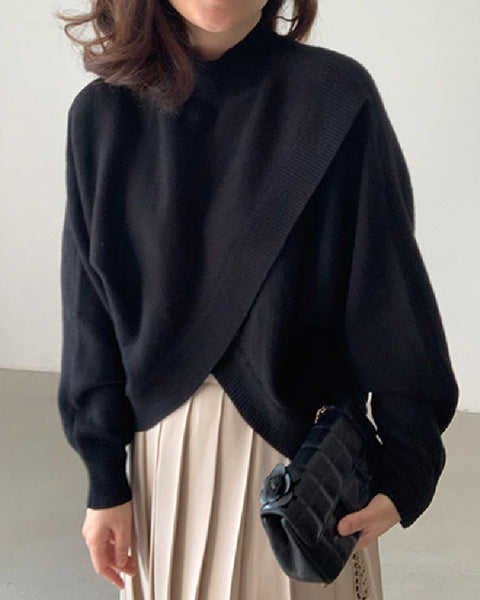 重ね着風 デザインニット プルオーバー ハイネック ゆったり シンプル カジュアル おしゃれ 秋冬 トップス レディース ID2269
