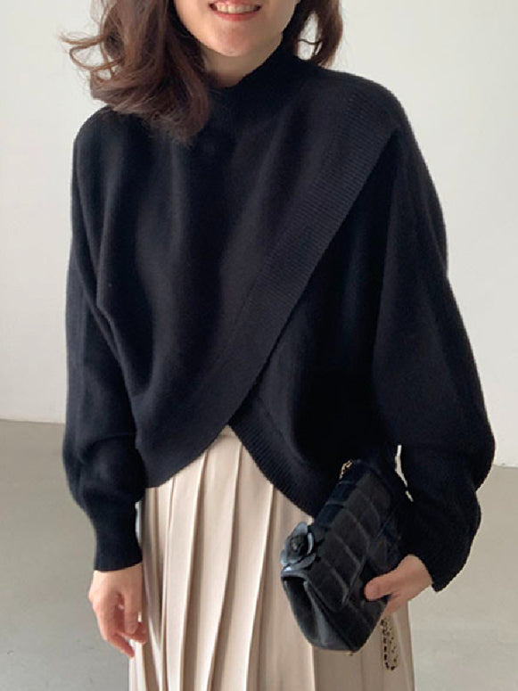 重ね着風 デザインニット プルオーバー ハイネック ゆったり シンプル カジュアル おしゃれ 秋冬 トップス レディース ID2269